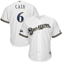 Load image into Gallery viewer, Lorenzo Cain Milwaukee Brewers Majestic 2019 Postseason Official Cool Base Player Jersey - White