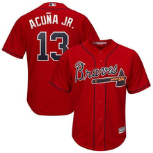 Load image into Gallery viewer, Ronald Acuña Jr. Atlanta Braves Majestic 2019 Alternate Official Cool Base Player Jersey Scarlet/Navy
